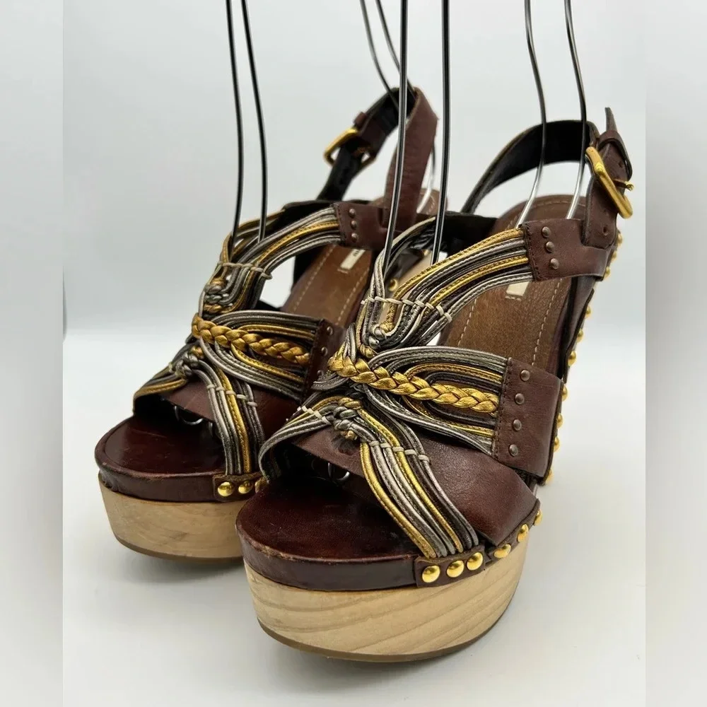 Miu Miu 36 Heel Sling Clog Wedge Platform Stud Brown Leather Wood Y2k boho tall